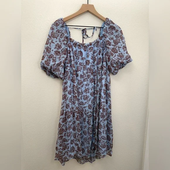 Madewell Blue Brown Floral Puff Sleeve Cute Flowy Swing Mini Dress Size 8 - Picture 2 of 12
